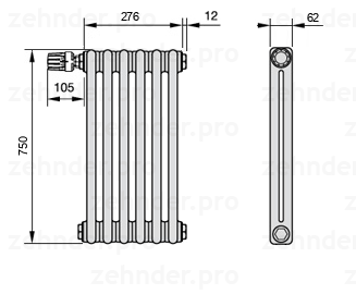 Схема (чертеж) Радиатор Zehnder Charleston 2075/6 №V011 Белый глянцевый RAL 9016